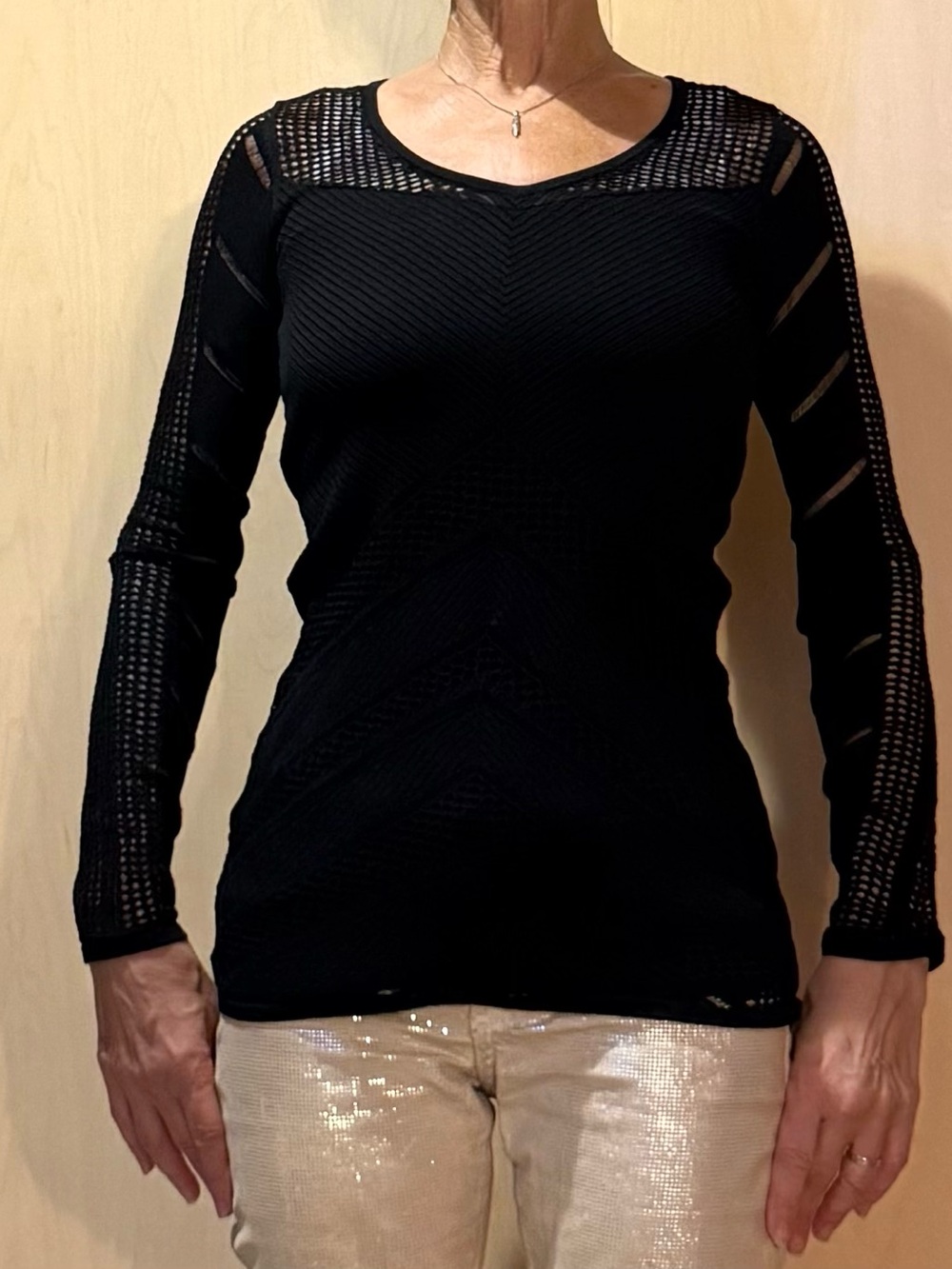 Cache Black Openwork Mesh Knit Long Sleeve Top XS Layered Chevron